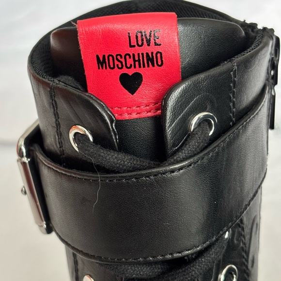 LOVE MOSCHINO Black Leather Moto Biker Boots--NEW--7 - Picture 4 of 15
